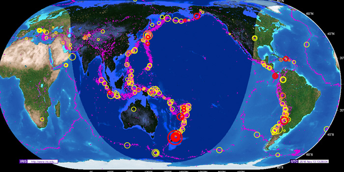 新西兰地震震中位置（最大的红圈所示）