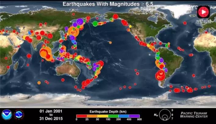 2001-2015年 世界上震级大于6.5的地震分布