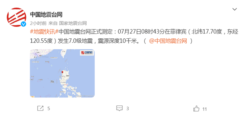 菲律宾突发7.0级地震，已致4死60伤，我国多地有震感！